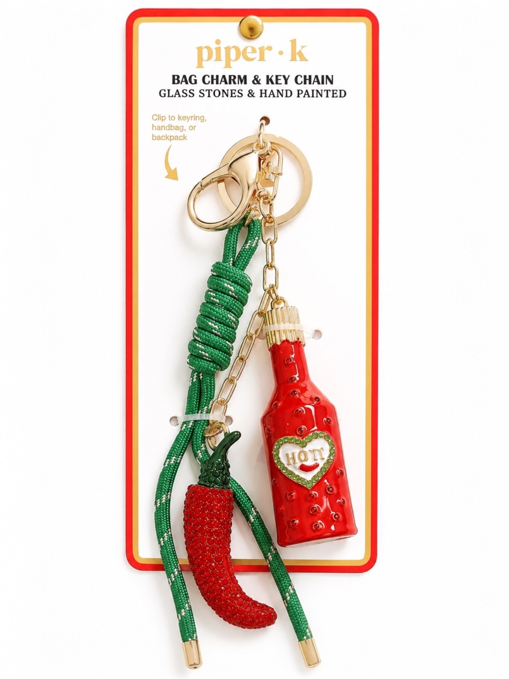 piper·k Gold Hardware Bag Charm Key Chain Red Hot Sauce Bottle & Chili